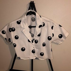 8 Ball Womens Shirt Small White Button Up Cropped Short Sleeve Cotton